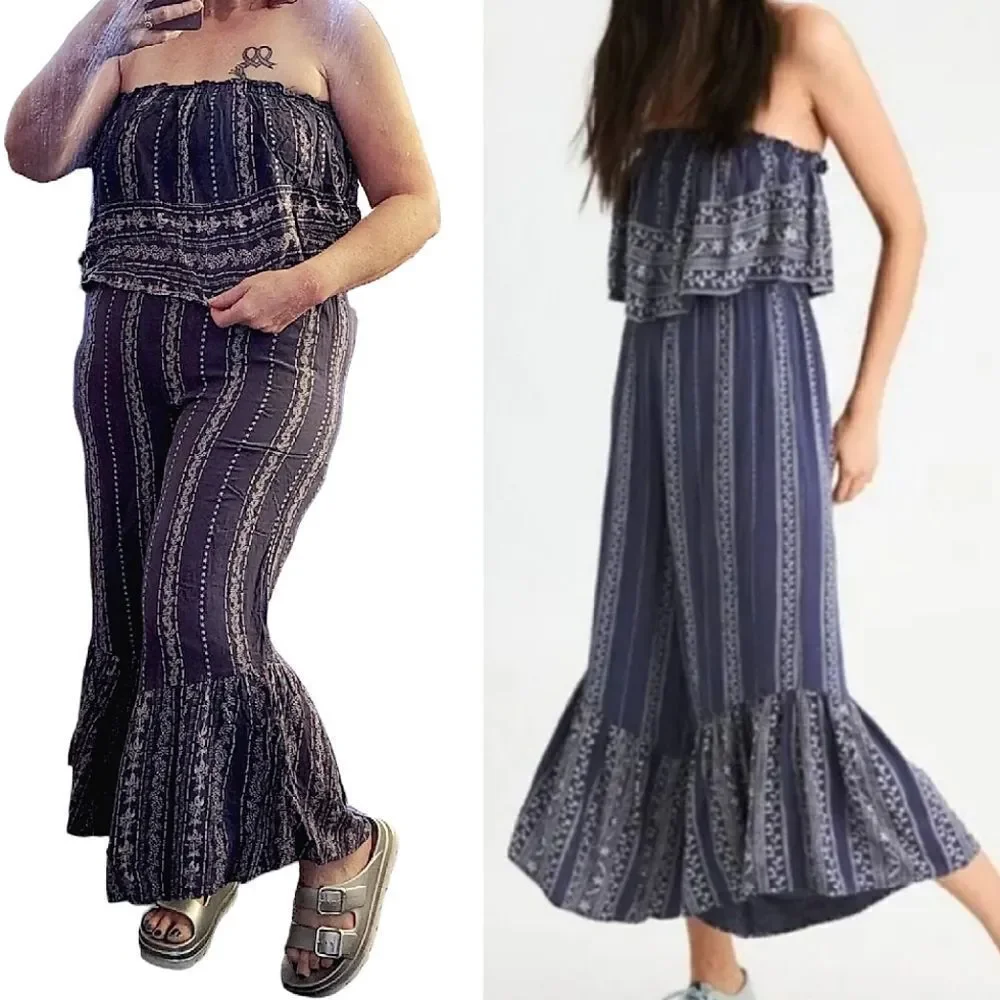 Japna Blue Striped Strapless Ruffle Top Boho‎ Crop Flare Jumpsuit Large
